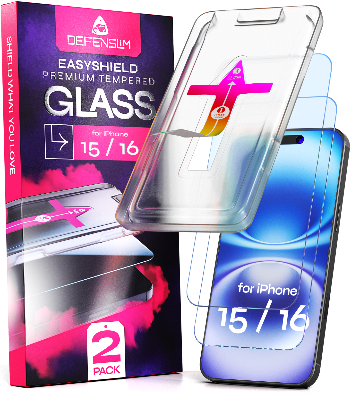 Defenslim iPhone 15 Screen Protector [2-Pack] with Easy Auto-Align Install Kit